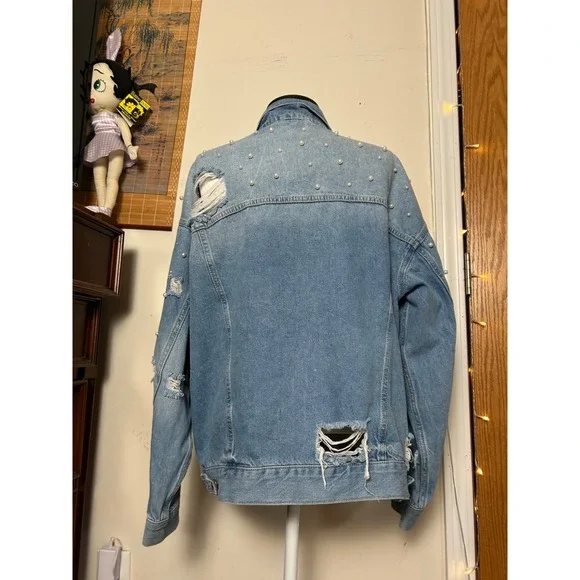 Oversized‎ Free People Sunday Funday Pearl Jean Denim Distressed Jacket L Cotton - Picture 4 of 8